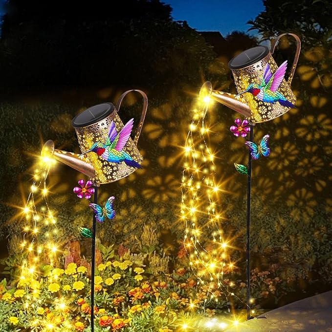 Solar Lights Outdoor Decorative,Metal Solar Watering Can Lights with Hummingbird, Waterproof Garden Stake for Yard Lawn Patio Pathway Landscape
