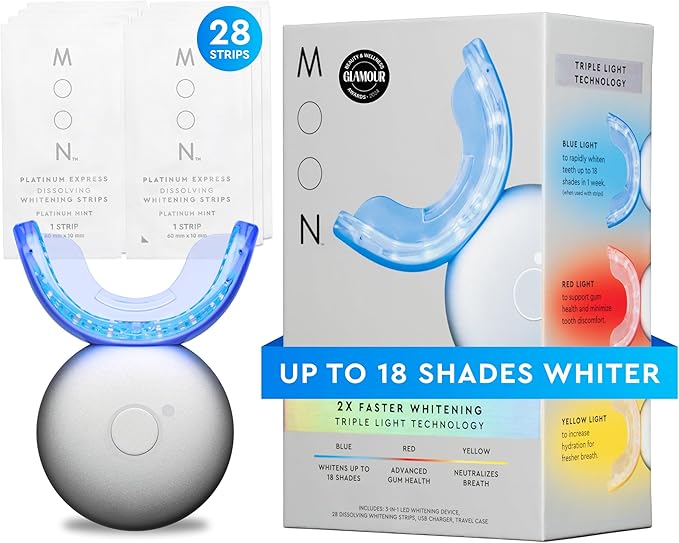 MOON LED Teeth Whitening Kit - Platinum Teeth Whitener Device + 28 Dissolving White Strips - Yellow, Blue, + Red Light Therapy Whitening Tray for Gum Health and Fresh Breath (4 Piece Kit)