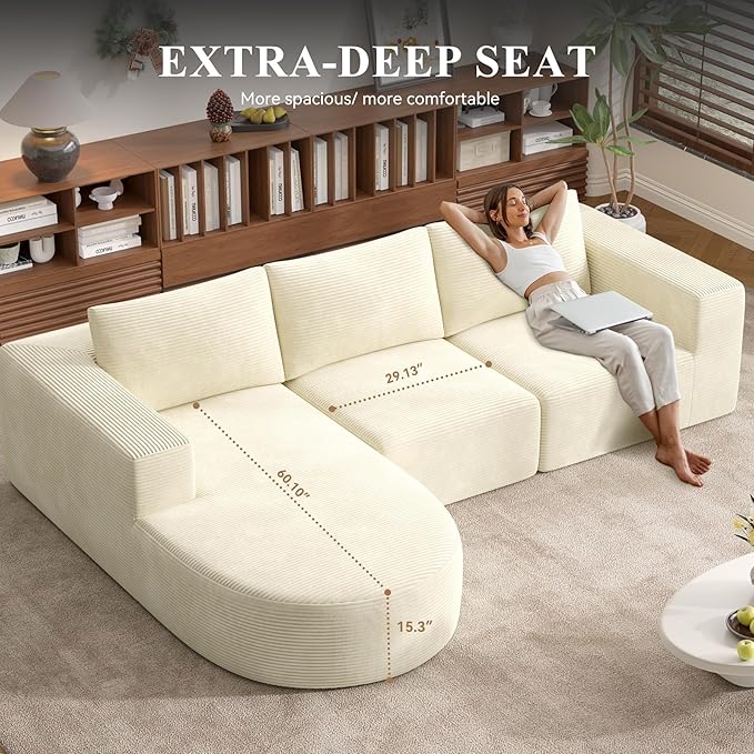 Modular Sectional Sofa with L-Shape Chaise,Cloud Sectional Modern Sleeper Couch with Deep Seat,Sponge Compression Sofas No Assembly Required (Beige-Corduroy Fabric) 1 PCS