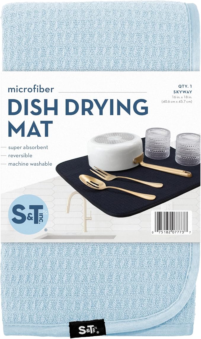 S&T INC. Dish Drying Mat, 16” x 18”, Absorbent Microfiber Kitchen Counter Mat, Dish Drying Pad for Dishes, Utensils, Pots and Pans, Large, Sky Blue