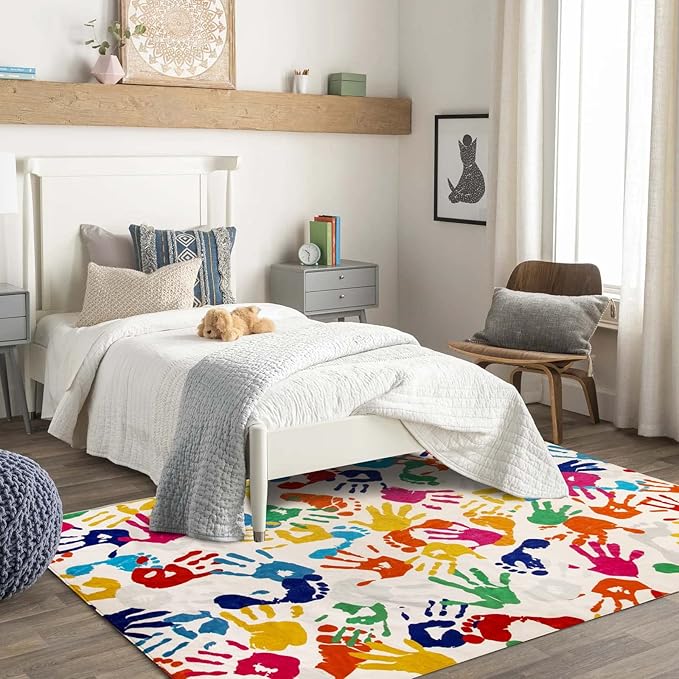STARUIA Handprints and Footprints Large Kids Rug 5'x7', Washable Colorful Area Rug for Nursery Room, Non-Slip Play Mat Ultra Soft Indoor Carpet for Bedroom Playroom Classroom