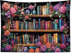 HVEST Bookshelf Wall Tapestry Pink Floral Green Leaf Watercolor Plant Botanical Aesthetic Tapestry Wall Hanging Vintage Library Book Tapestries for Bedroom Living Room Dorm, 70.9L x 92.5W Inches