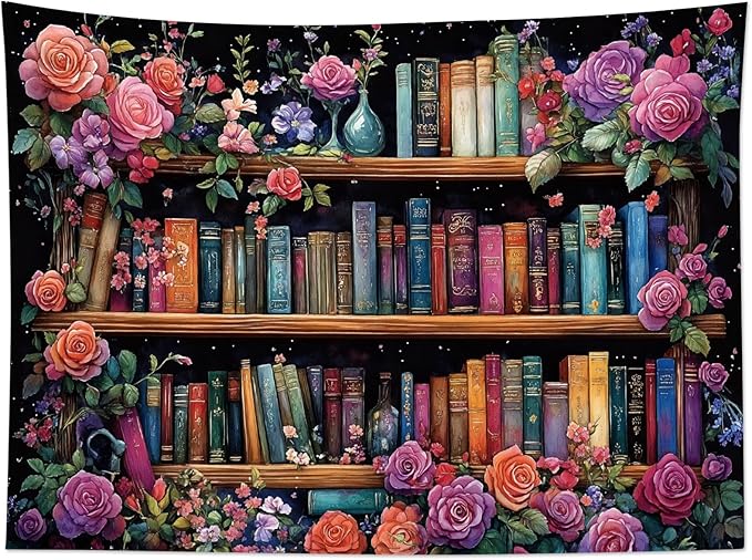 HVEST Bookshelf Tapestry Pink Floral Green Leaf Watercolor Plant Botanical Aesthetic Tapestry Wall Hanging Vintage Library Book Wall Decor for Bedroom Living Room Dorm, 40L x 60W Inches