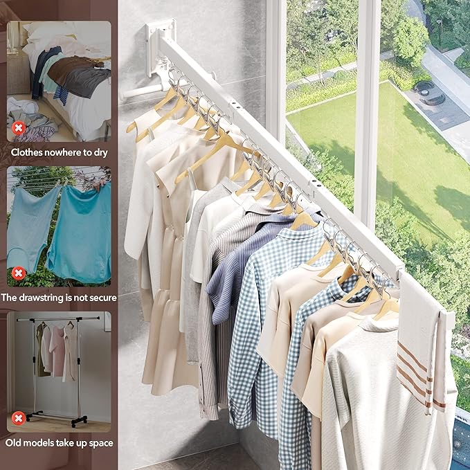 Wall Mounted Clothes Hanger,Clothes Drying Rack,Laundry Rack Wall Mount,Drying Rack Clothing,Clothes Rack Retractable,Collapsible(Tri-Fold), with Windproof Holes & Clips,White Color