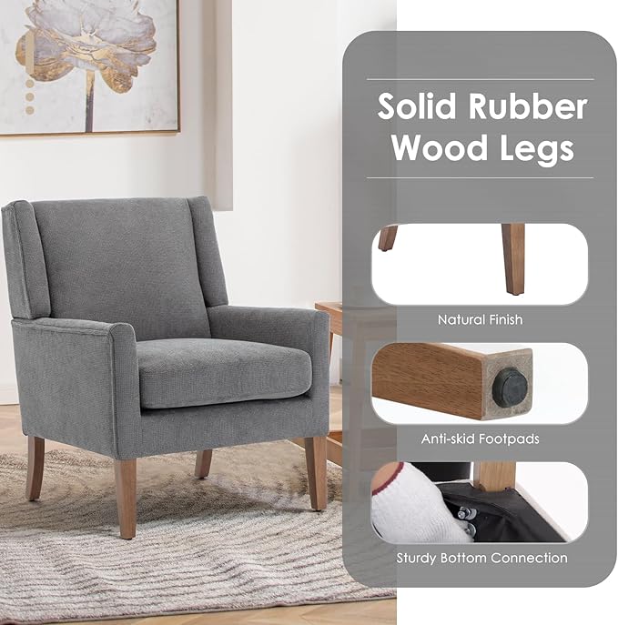 COLAMY Modern Wingback Living Room Chair Set of 2, Upholstered Fabric Accent Armchair, Single Sofa Chair with Lounge Seat and Wood Legs for Bedroom/Office/Reading Spaces, Gery