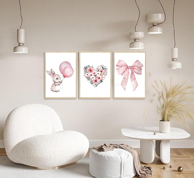 3Pcs Cute Bunny Canvas Wall Art Pink Bow Easter Poster Prints Love Wildflowers Picture Decoration for Nursery Girl Bedroom Children's Room Easter Gifts for Kids Unframed