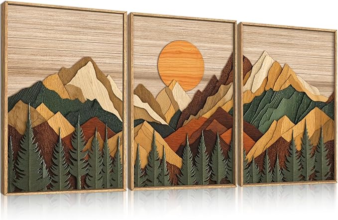 Celestdeco Woodcut Style Mountain Framed Canvas Wall Art Set, Large Brown Ridge Wall Decor, Boho Pine Tree Wall Painting, Abstract Wooden Art Print for Living Room, Bedroom, Office - 16"X24"X3 (Not-3D Effect)