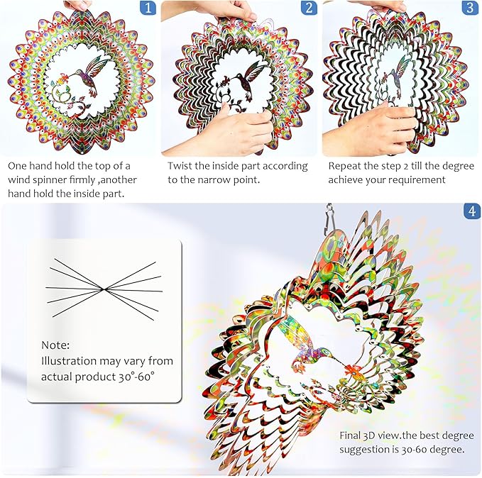 Hummingbird Wind Spinner for Yard and Garden,12in 3D Wind Spinner Hummingbird Gift for Women/Mother/Father/Men,Hanging Bird Wind Catchers Kinetic Yard Art Ornaments Outdoor Wind Sculptures