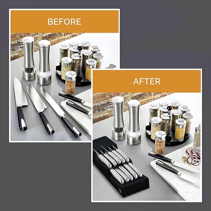 In-Drawer Knife Block - Bamboo Knife Drawer Organizer for Kitchen - Fits 5 Long + 6 Short Knives | Store Knives with Blades Pointing Down - Wooden Steak knife Holder without Knives (Black)