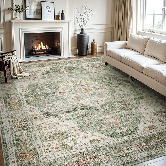 AMOAMI-Area Rug 5X7 Rugs for Living Room-Vintage Soft Green Rugs for Bedroom-Non Slip Carpet-Machine Washable Rug for Dining Room Living Room Bedroom Office Under Table