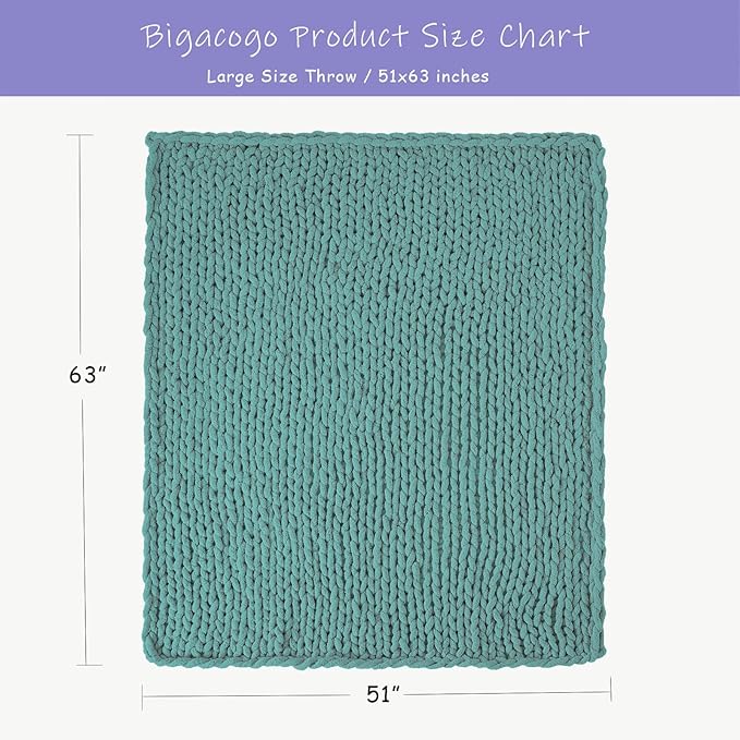Bigacogo Chunky Knit Throw Blanket for Couch, 51x63 inches, 100% Hand Knitted with Thick Jumbo Chenille Yarn, Cozy Soft Large Rope Knot Cable Crochet Blankets for Sofa Bed Living Room, Light Teal