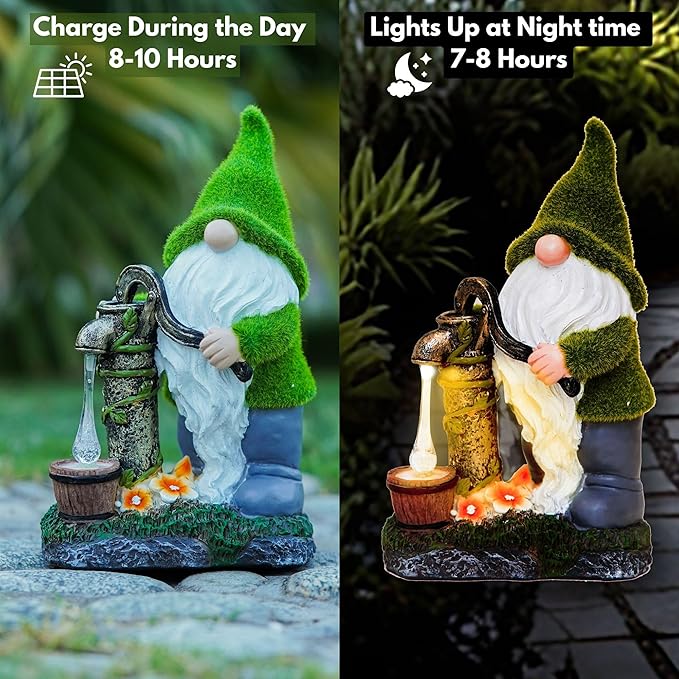Water Pump Gnome Decorations for Yard/Lawn Outdoors Decor – Weatherproof Garden Statue – Fun Spring Summer Charming Gnomes Gifts for Women (Forest Green) and Home.