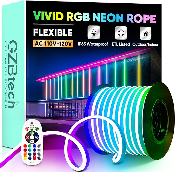 GZBtech RGB LED Neon Rope Lights 100FT/30M, AC 110-120V Waterproof Color Changing LED Rope with Remote Controller, Dimmable Multi Color Neon Rope Lighting for Indoor Outdoor Commercial Use