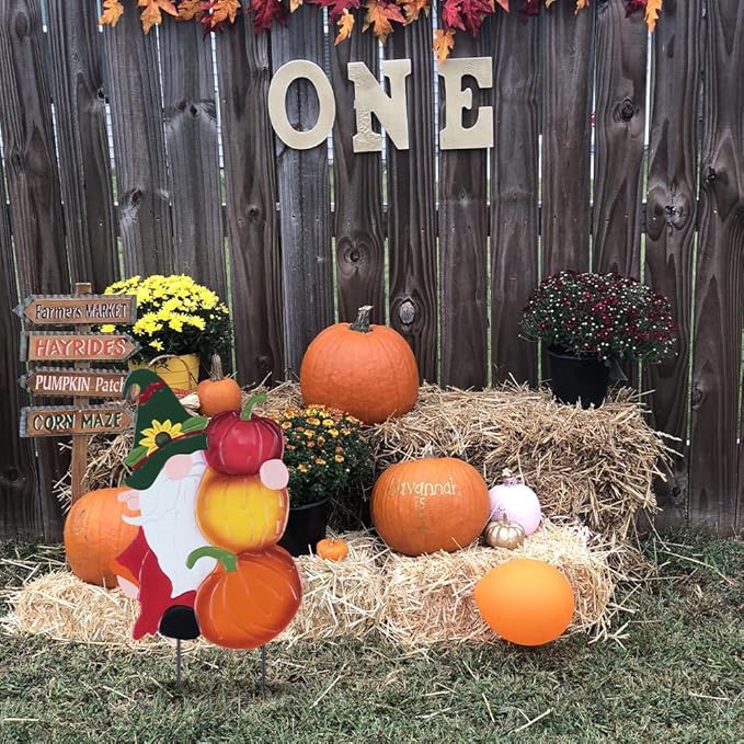 YEAHOME Fall Decorations Outdoor, Metal Gnome with Pumpkin Decorative Garden Stakes for Fall Decor, Autumn Yard Signs for Home Outside Garden Lawn Porch, Thanksgiving Decorations Outdoor (YHMD-476)