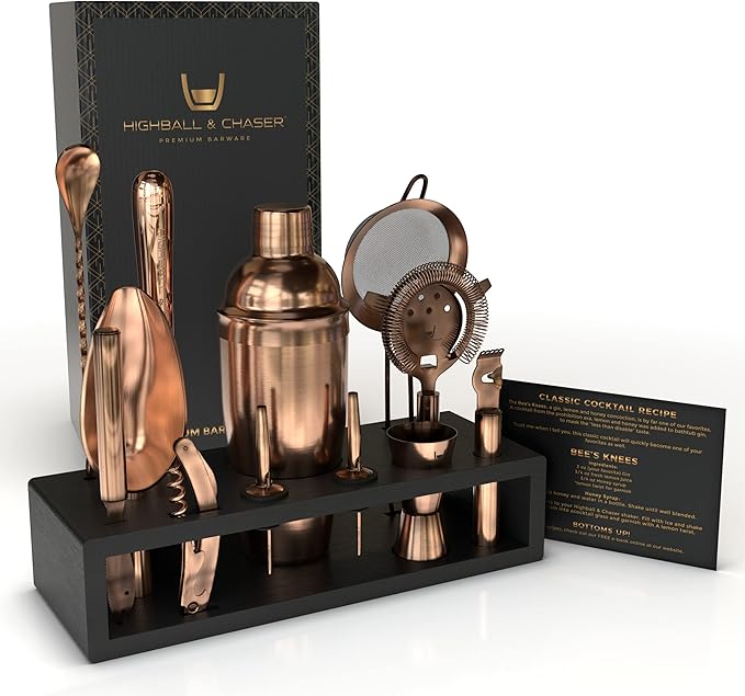 Highball & Chaser 13-Piece Cobbler Cocktail Shaker Set Matte Copper Stainless Steel Bartender Kit For Home Bar Cocktail Set Laser Engraved Cocktail Tools Plus E-Book with 30 Different Cocktail Recipes