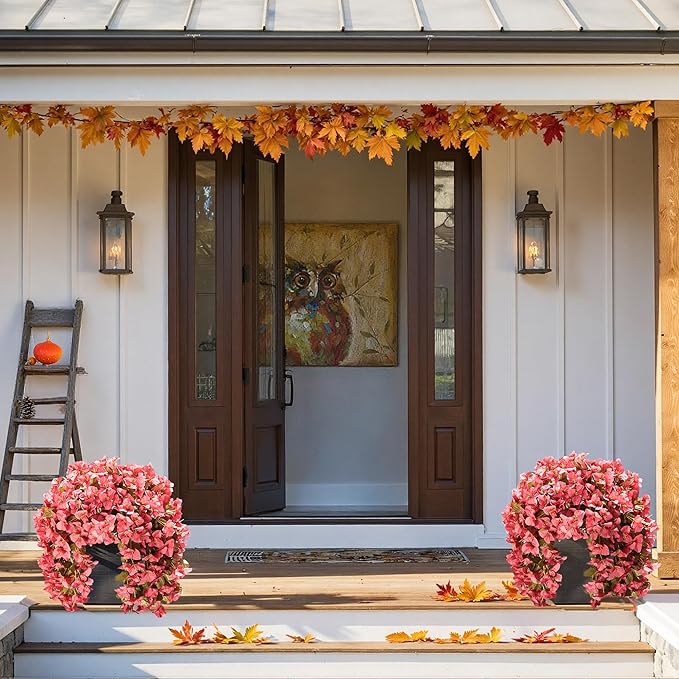 Bougainvillea Artificial Flowers Plants for Outdoors Outside Fall Autumn Decoration, 2 pcs Faux Silk Long Trailing Vines UV Resistant Look Real Red Fake Flowers for Front Door Porch Planter Urn Patio
