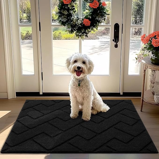 hicorfe Front Door Mat Outside Entrance,32"x40" Absorbent Muddy Dirt Resist Welcome Door Mats Outdoor Indoor,Stain and Fade Resistant,Non Slip Backing Entry Mat Doormat for Entryway(Black)