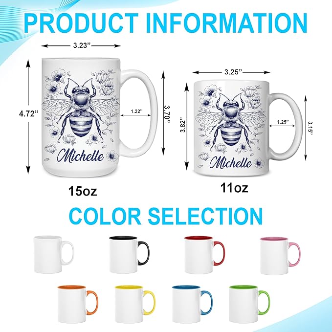 Hyturtle Personalized Floral Bee Mug - Bee Keeper Gifts For Women Lovers Teacher - Honey Gifts For Beekeeper Farmer On Birthday - Queen Honeycomb Decor - Custom Coffee Cup Ceramic Mug 11 Oz 15 Oz