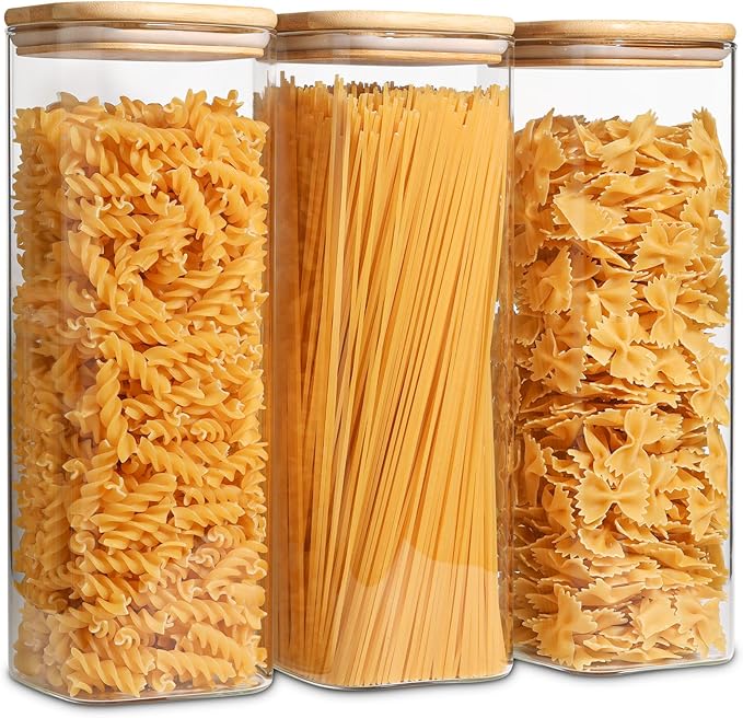 ComSaf Glass Spaghetti Pasta Storage Containers with Lids 2.2 Qt Set of 3, Tall Clear Airtight Food Storage Jar with Lid for Noodles Flour Oat Cereal Sugar Beans, Sqaure Spaghetti Pantry Containers