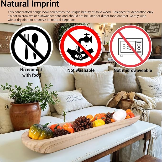 Athaliah Wooden Dough Bowl, 30 Inch Hand Carved Rustic Long Wood Dough Bowls for Decor, Vintage Decorative dough bowl for Table Centerpiece (30 Inch-Brown)