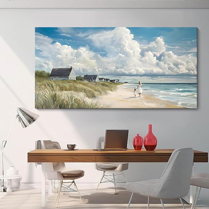 HGUAOA Coastal Canvas Wall Art - Large Landscape Wall Art for Living Room - Ocean and Beach Painting - Blue Artwork for Bedroom Decor - Above Bed Wall Pictures -Beach Theme Print Art