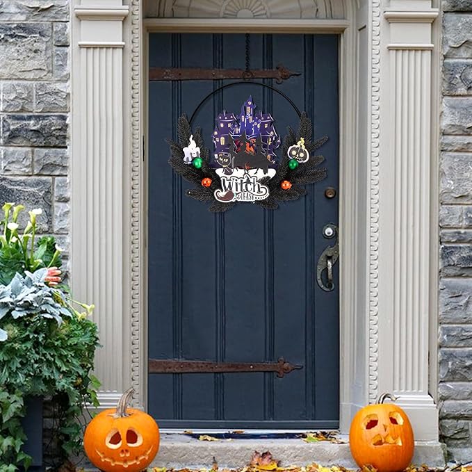 Lighted Halloween Wreaths for Front Door, Welcome Metal Wooden Door Wreath Decor Hanging Sign, 30 LED Lighted Wall Decor Battery Operated for Halloween Indoor Outdoor (Witch)