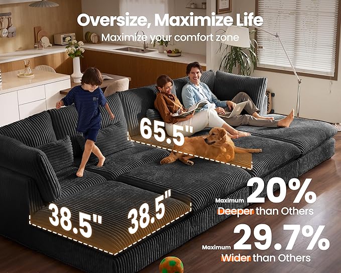 Oversized Modular Sofa, Extra Deep Cloud Corduroy Sectional Couch with Ottoman Chaise, Fluffy Corduroy 2 Seater Sofa Bed for Living Room, Villa (Loveseat Sofa, Corduroy Black)