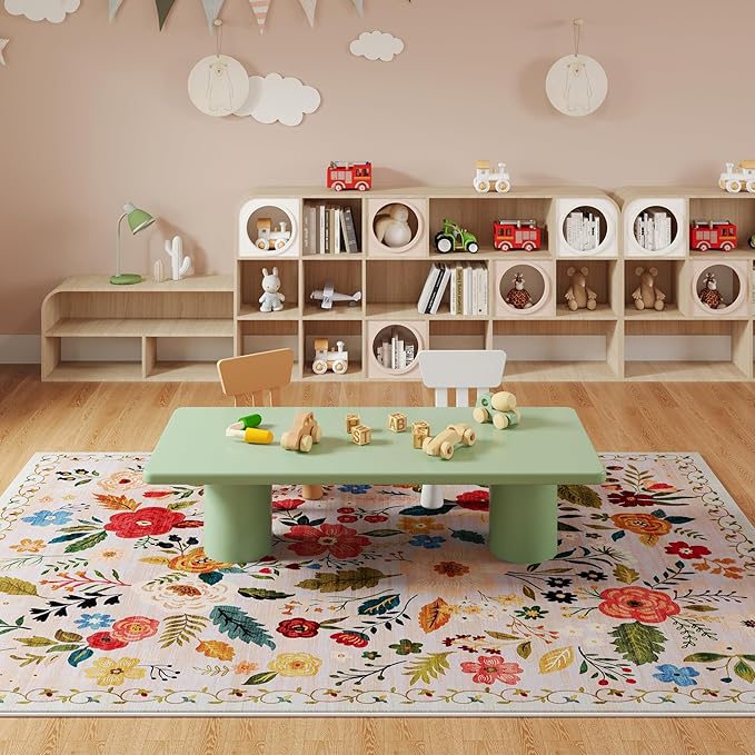 Living Room Rug 6x9 Rug Machine Washable Boho Area Rug Non Slip Floral Vintage Low Pile Large Rug for Living Room, Bedroom, Farmhouse, Dining Room, Kids Playroom(Beige)