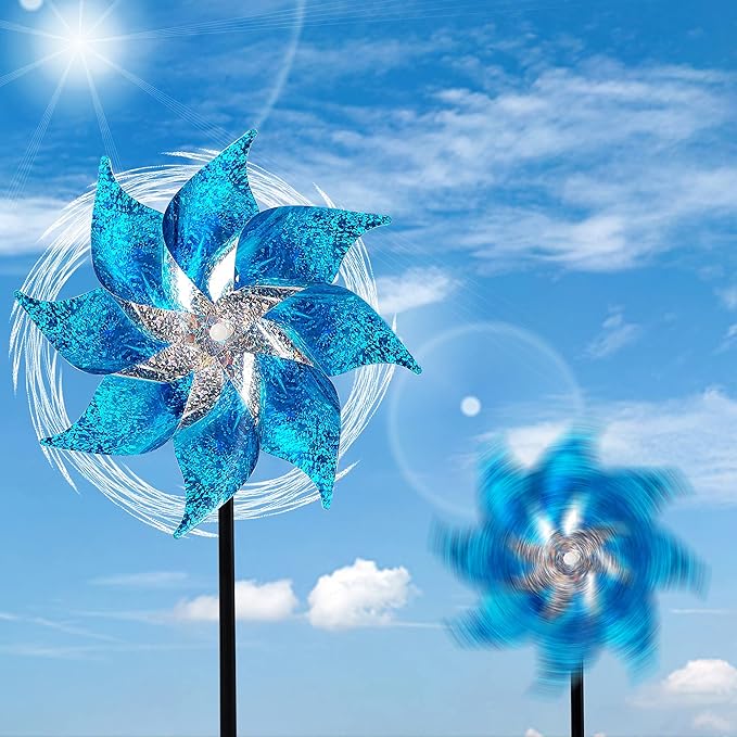 Hausse 10 Pack Reflective Pinwheels with Stakes, Extra Sparkly Pin Wheel for Garden Decor, Bird Repellent Devices Deterrent to Scare Birds Away from Yard Patio Farm, Blue