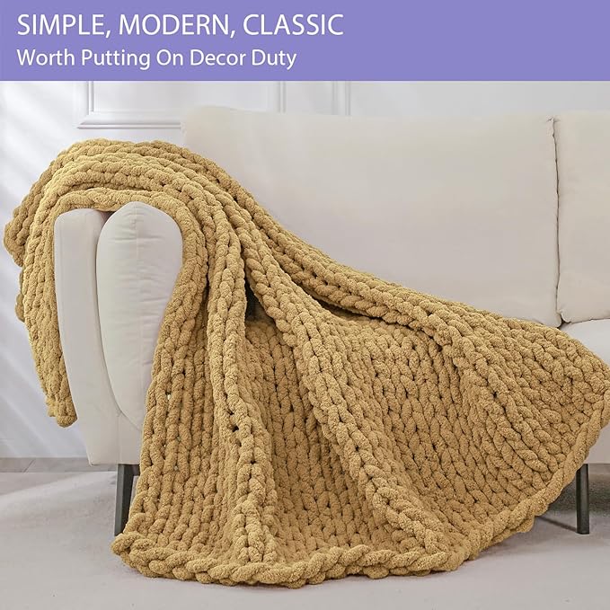 Bigacogo Chunky Knit Throw Blanket for Couch, 40x80 inches, 100% Hand Knitted with Thick Jumbo Chenille Yarn, Cozy Soft Large Rope Knot Cable Crochet Blankets for Sofa Bed Living Room, Goldenrod