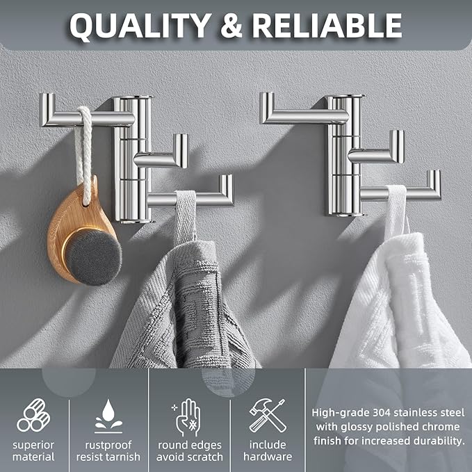 Angle Simple Swivel Towel Hooks for Bathroom, SUS 304 Stainless Steel Foldable 3 Arms Hand Towel Holder, Coat Wall Hooks, Polished Chrome, 2 Pack
