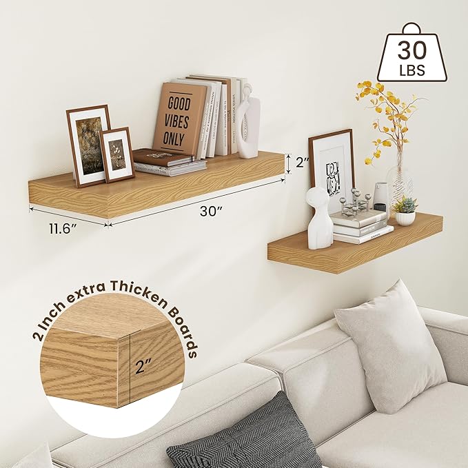 12 Inch Deep Floating Shelves | 30W x 12D Rustic Floating Shelves for Wall Set of 2 | Oak Shelves for Living Room Bathroom Laundry Room Bedroom Kitchen Home Office - Oak