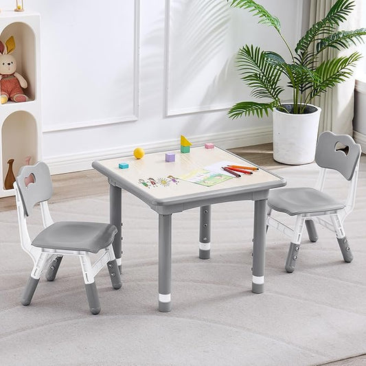 Kids Table and 2 Chairs Set, Height Adjustable (17.7"-26.1") Toddler Table and Chair Set, Multi-Activity Table with Graffiti Desktop, Children’s Table and Chairs for Classroom, Home & Daycare
