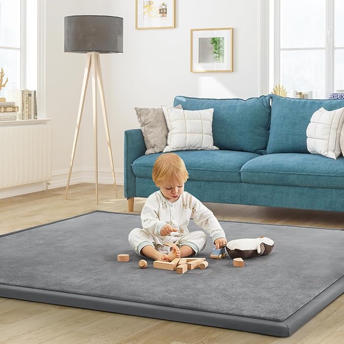 Baby Play Mat for Floor Tummy Time Mat Nursery Muscle Area Rug Playroom Rug Tatami 79"x138" Memory Foam 1.3" Thick Crawling For Babies,Toddlers, Infants, Kids,Floor(Grey)