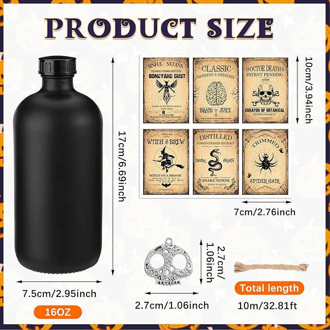 Uiifan 31 Pcs Halloween Potion Bottles Set Including Glass Apothecary Bottles with Cork Stickers and Pendants Halloween Decorations Indoor Party Supplies(Black,16 oz)