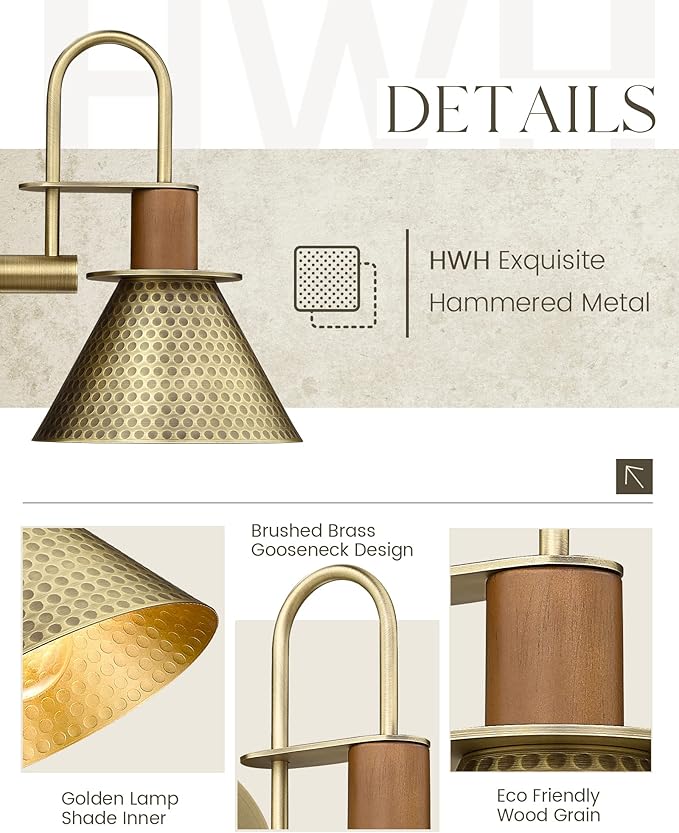 Barn Sconce Wall Lighting, HWH Gooseneck Wall Sconces Indoor Wall Lights, 1-Light Vanity Wall Lamp for Bathroom Bedroom Bedside Kitchen, Hammered Metal Shade, Antique Brass Finish, 5HZG74B BG