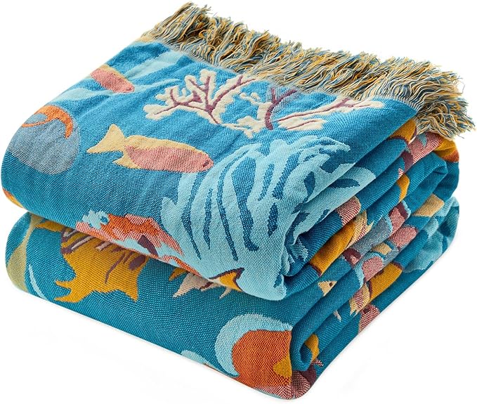 MSGKV Throw Blanket for Couch Bed Cotton Muslin Breathable Cute Ocean Animals Twin Size Blanket 60"x80" for All Seasons Lightweight Farmhouse Blankets