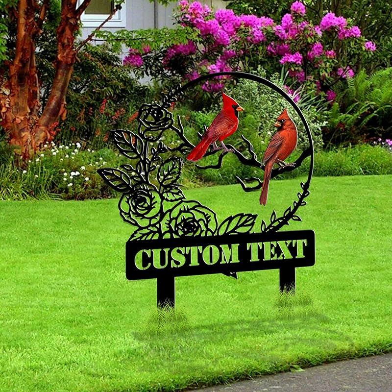 Personalized Garden Name Signs with Stake, Custom Red Bird Metal Decor Decorative Outside, Yard Outdoor Art Gift for Mom Grandmother, Patio House Warming Gifts New Home