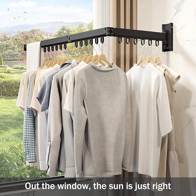 Wall Mounted Clothes Drying Rack, Retractable & Collapsible, Foldable Black-Ring Laundry Hanger
