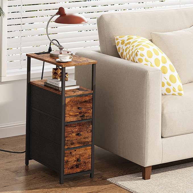 TUTOTAK Narrow Night Stand with Charging Station, Slim End Table with Plugins, Tall Side Table with 3 Fabric Drawer, Small Bedside Table with Storage, Living Room, Bedroom, Brown TB01BB086