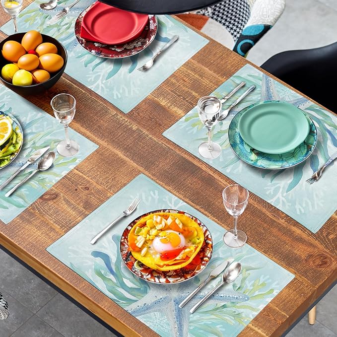 Nautical Coastal Placemats Set of 4 Ocean Coral Starfish Seagrass Beach Theme Table Mat 12x18 Inch Teal Turquoise Blue Summer Linen Fabric Place Mats for Party Kitchen Dining Outdoor Indoor Decor