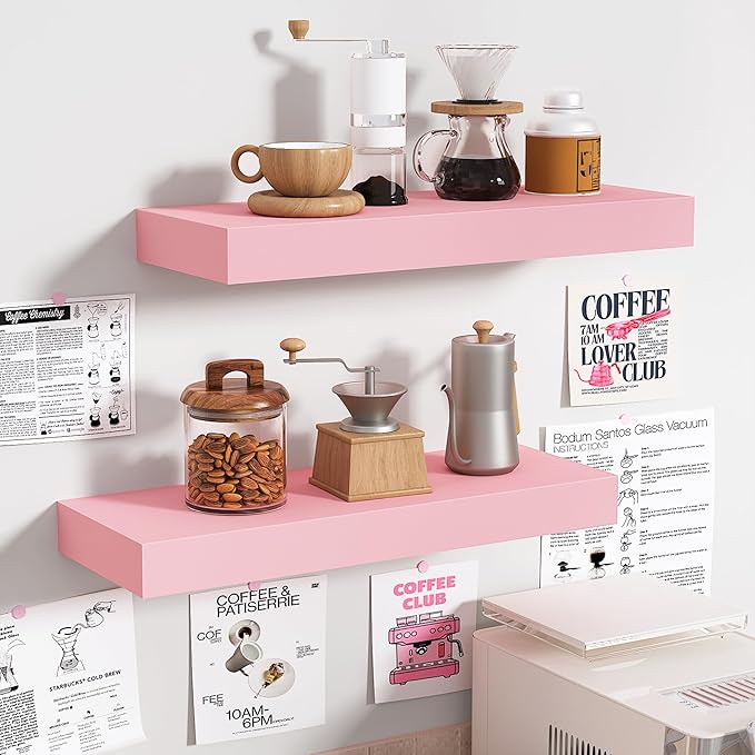 BAMEOS Pink Floating Shelves for Wall, 16" x 6" Wall Shelves for Room, Floating Book Shelves, Hanging Shelves for Bedroom, Bedroom, Living Room, Kitchen (Set of 2)
