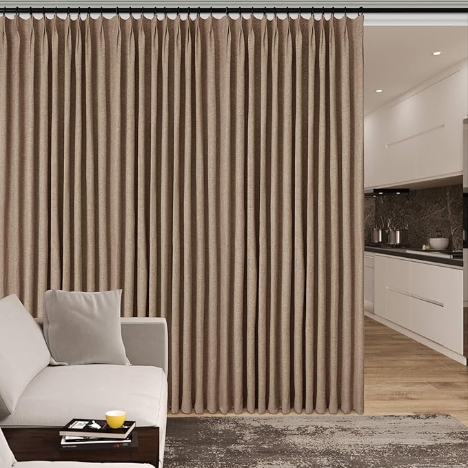 100% Blackout Linen Textured Drapes for Bedroom Pinch Pleated Curtains for Track System Portable Drapery for Sliding Glass Door/Storage/Space Room Divider, 70" Wx84 L, 1 PC, Taupe
