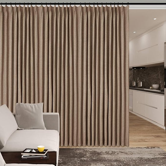 Extra Wide 100% Blackout Linen Textured Curtains - Room Dividers, W200 x L84 (1 Panel), Pinch Pleat Drapes for Living Room, Full Light Block Out Drapery for Sliding Door, Taupe