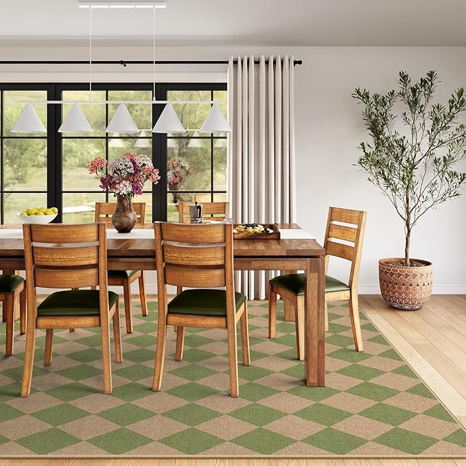 Lahome Checkered Dining Living Room Rug, 8x10 Washable Indoor Outdoor Easy Jute Rug, Farmhouse Neutral Diamond Non Slip Non Shedding Floor Carpet for Sunroom Deck Classroom Office