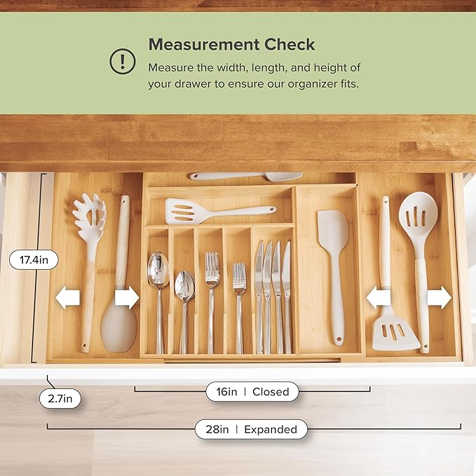 Premium Silverware, Flatware and Utensil Organizer for Kitchen Drawers, Food-Safe Contract Grade, Expandable from 16 to 28 In, Natural Bamboo