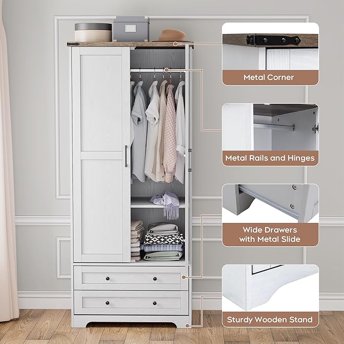 Brafab Armoire Wardrobe Closet with 2 Modern Doors, 71" Tall Freestanding Closet Wardrobe Cabinet with Drawers and Hanging Rail, Light Wooden Storage Cabinet with Shelve for Bedroom (White, 2 Doors)
