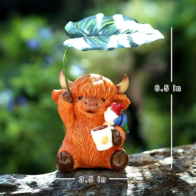 Garden Gnome with Highland Cattle 6.5“ Figurine Ornament for Indoor Outdoor Home Patio Yard Lawn, Red Hat, Blue Outfit, Indoor Outdoor Decorative Statue