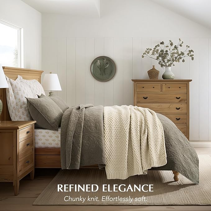 Chunky Chenille Knit Throw Blanket for Couch, Soft Luxurious Moss Stitch Blankets for Bed, Cozy Decorative Farmhouse Knitted Throws for Sofa, Beige, 60" x 80"