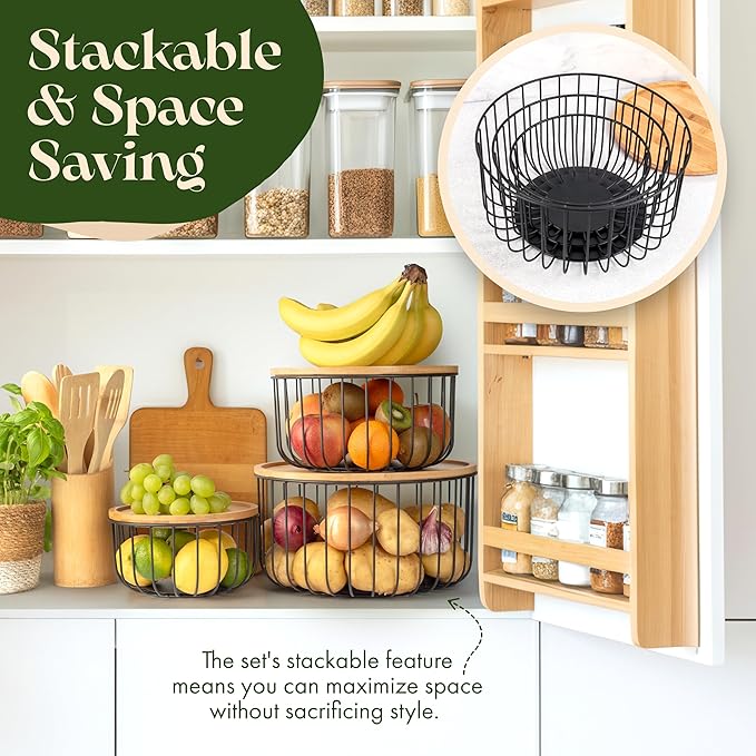 Fruit Basket for Kitchen Counter Set of 3 - Large Stackable Baskets with Bamboo Lid - Perfect Holder For Fruit and Vegetable Storage - Keep Your Countertop Classy, Tidy and Slightly Fruity!